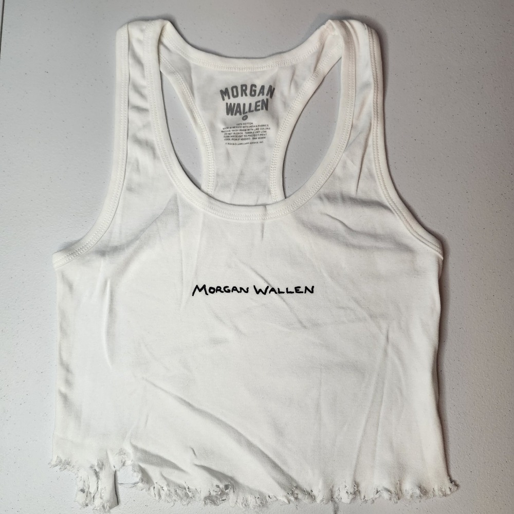 Morgan Wallen Women's White Racerback Ripped Hem Crop Tank Top Medium NWOT